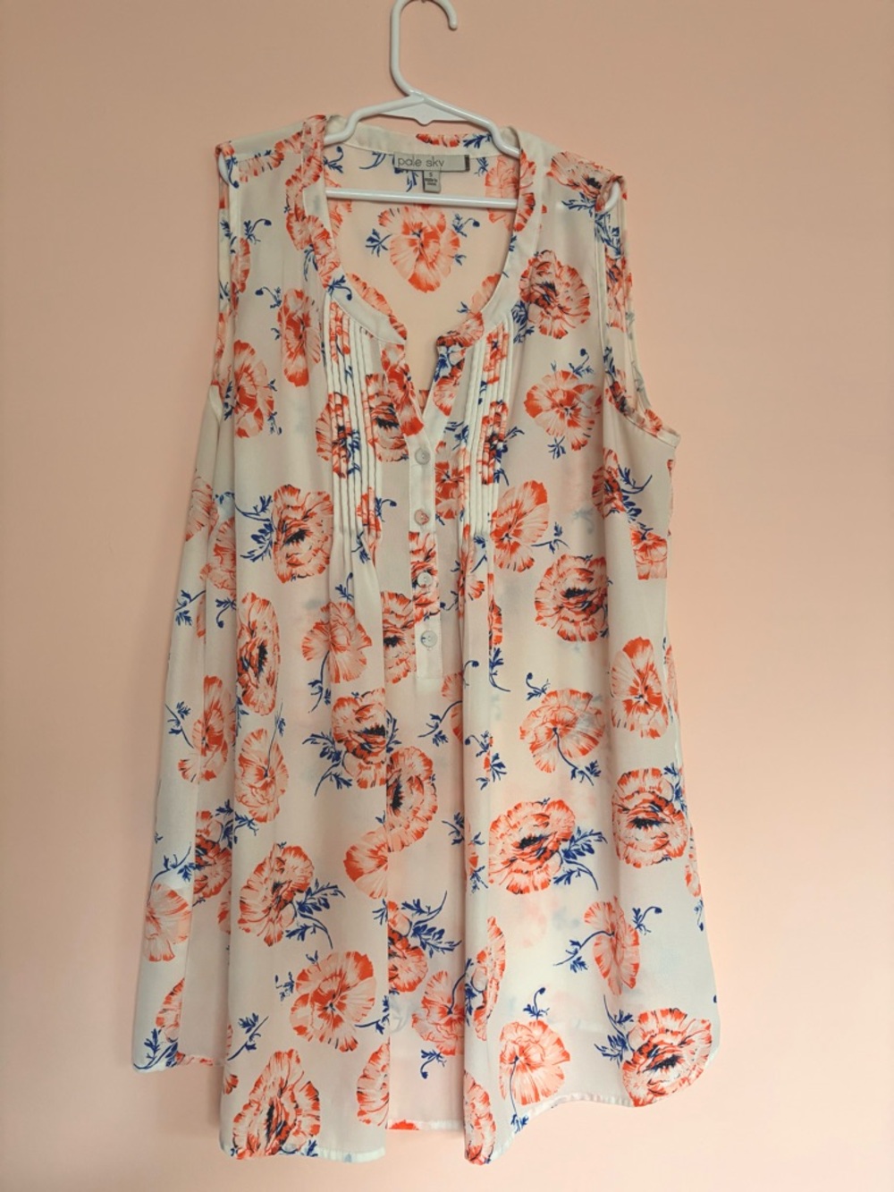 Pale Sky Floral Button Front Sleeveless Blouse - White w Pink/Oran & Blue Floral